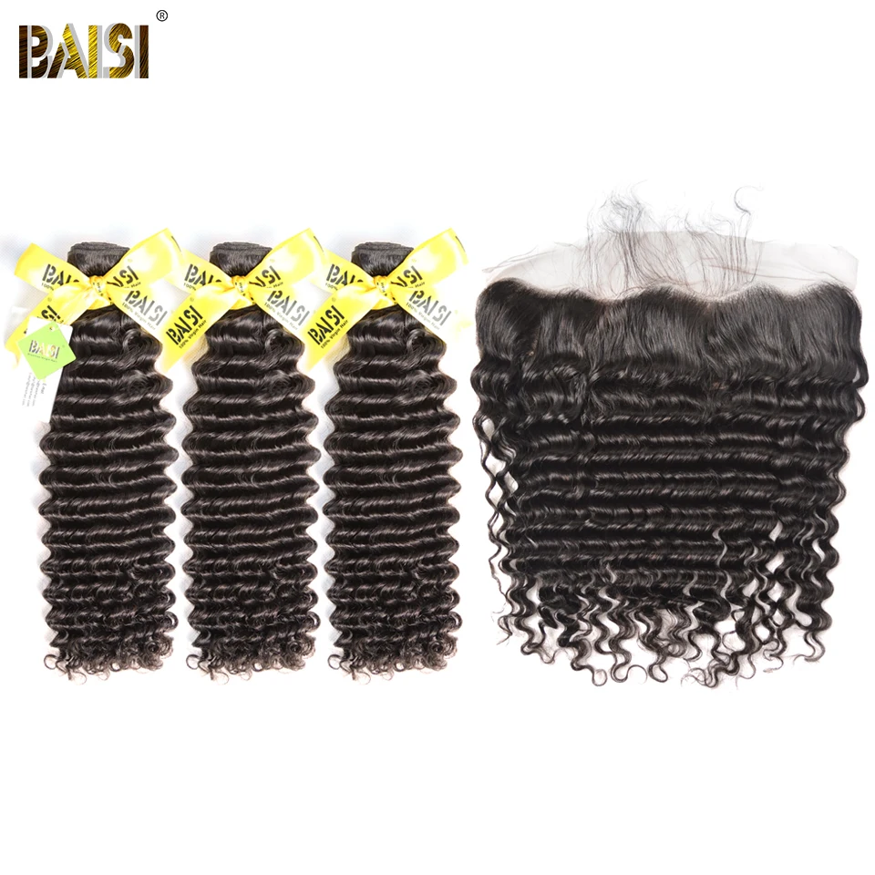 

BAISI Hair Brazilian Deep Wave Virgin Hair 100% Unprocessed Human Hair 3 Bundles with Frontal