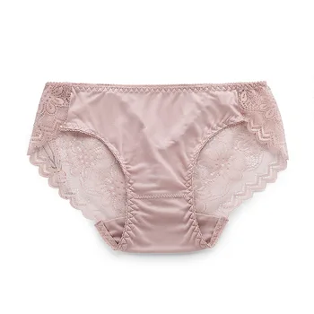 

GUIYI 100% Nature Silk Panties Female Silk Openwork Lace Side Sexy Comfort Bag Hip Sexy Middle Waist Briefs Young Girl Lingerie