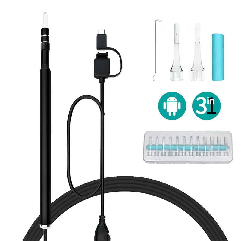 Prostormer 3 в 1 эндоскоп для чистки ушей 5,5 мм мини-камера Android PC Ear pick Otoscope бороскоп 720P HD инструмент для чистки ушей - Цвет: Черный