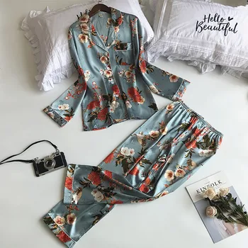 

Fdfklak new silk pijamas autumn pink women long sleeve pajamas for women pijama mujeres sleep wear set home clothes Q1503