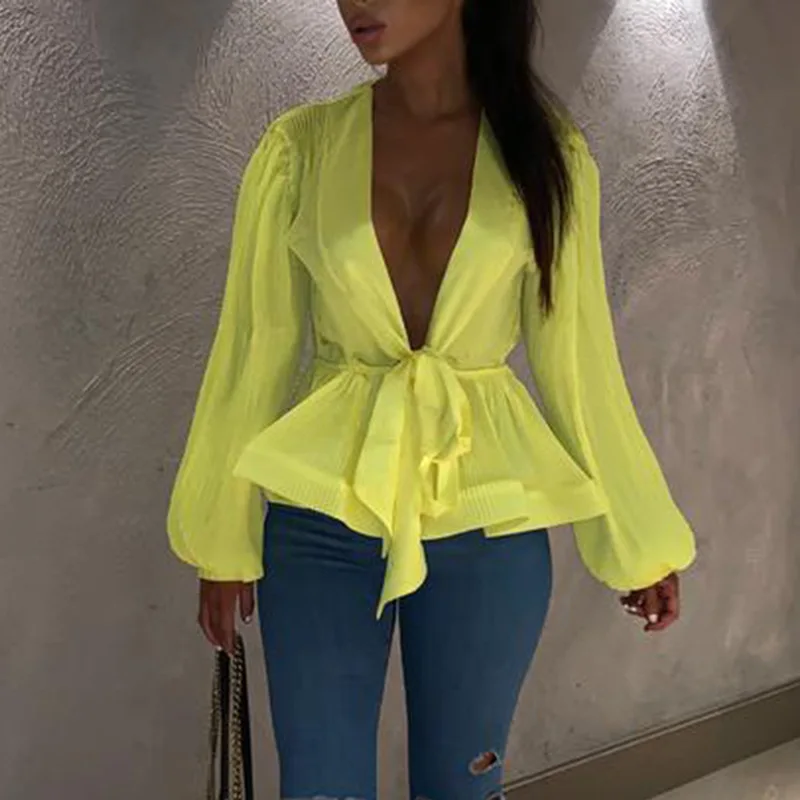 

Womens Beach Lantern Sleeve Shirt Deep V-neck Solid Color Tops Lace Up Party
