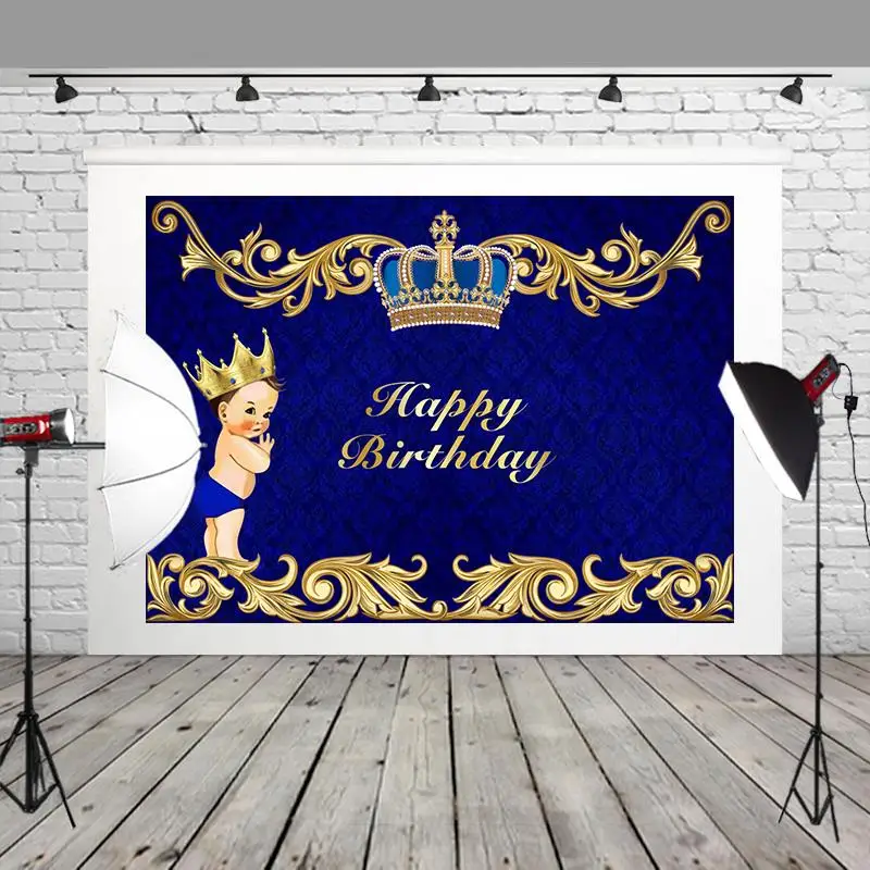 

HUAYI Royal Prince Baby Shower Background White Boy Gold Crown Photography Vinyl Setp and Repeat Custom Blue Backdrop W-933