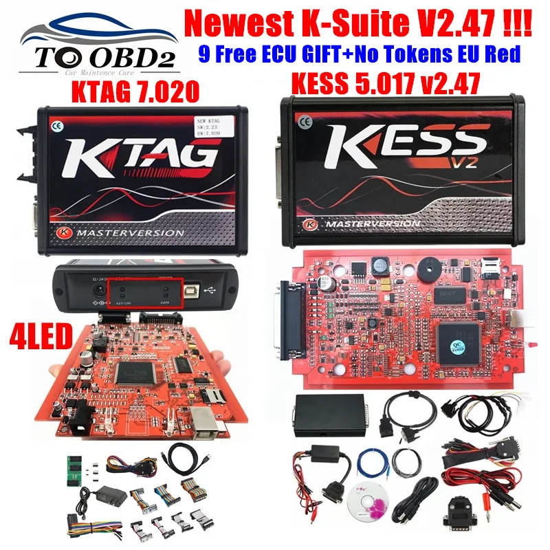 KESS V2.47 V5.017 Версия ЕС онлайн Версия KTAG 2,25 V7.020 4LED Красный PCB KESS V2 V5.017 красный KTAG 7,020 без жетонов