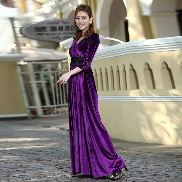 Elegant Grape Purple Velvet Women Evening Dress With Sleeves V Neck