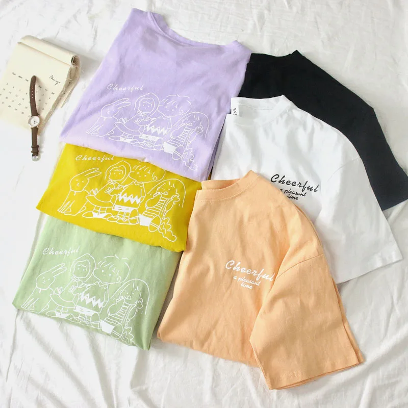 

Cotton Oversized Women's t-shirt Short sleeve Harajuku fashion Cartoon letter Korean Style white green Casual Small Fresh Tops