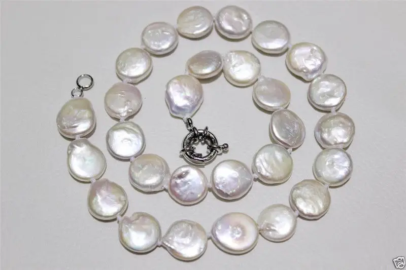 

Hot sale new Style >>>>>Genuine White 13-14mm Coin Pearl 925 Sterling Silver Chain Clasp Necklace 18"AAA