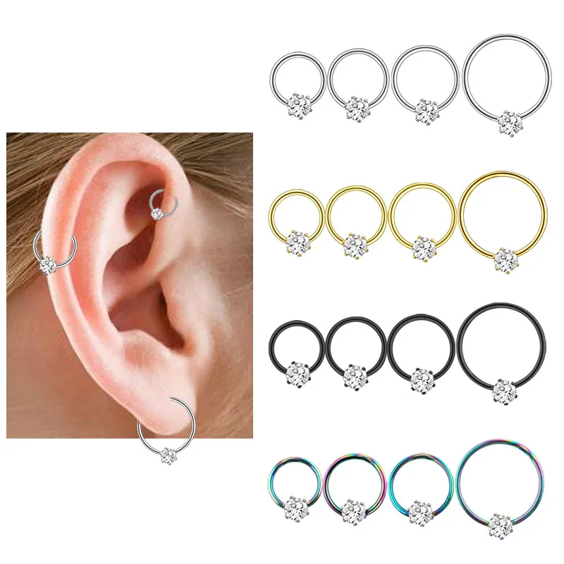 4PCS Fashion Cartilage Earrings Nose Rings Multi-use Ear Plugs Zircon Stainless Steel Mix Sizes 6mm 7mm 8mm 10mm Women's Jewelry0