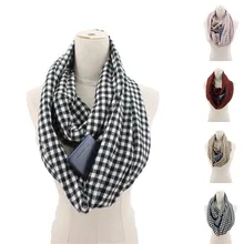 Клетчатый зимний шарф с карманом, вязаный, теплый, для путешествий, для женщин и мужчин, накидка с потайным карманом на молнии, бесконечность