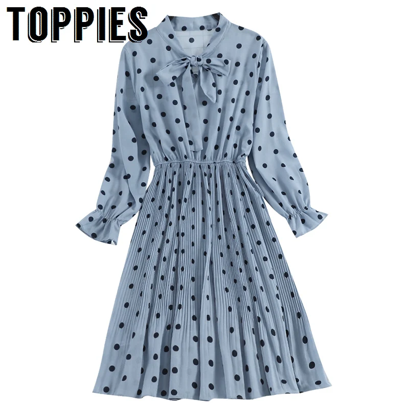 

Korean Polka Dot Long Dress 2019 Spring Summer Cute Bow Collar Pleated Dress Women Vintage A Line Vestidos