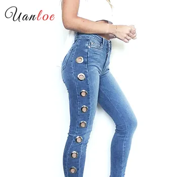

New 2019 Hot Mid High Waist Eyelets Jeans Women`s Stretchy Pencil Skinny Denim Jeans For Woman