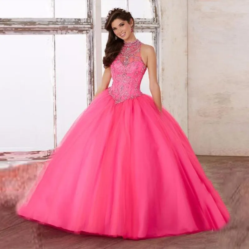 

Vintage Pink Blue Quinceanera Dress High Neck Crystal Beading Ball Gown Wedding Party Dress