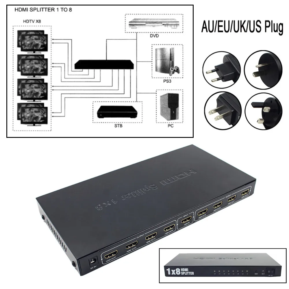 Ultra HD 8 портовый HDMI сплиттер 1x8 усилитель ретранслятора 1080P 3D концентратор 1 в Out 6J16