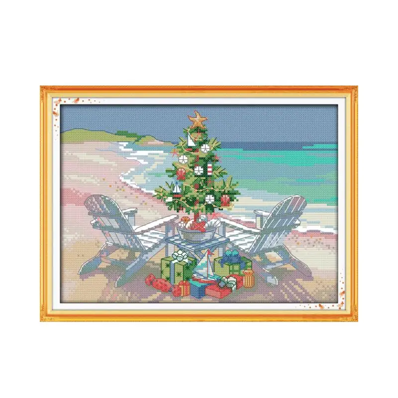 

Joy Sunday Christmas tree gift seaside beautiful scenery 11CT printing DMC embroidery stitch cross stitch kit handicrafts
