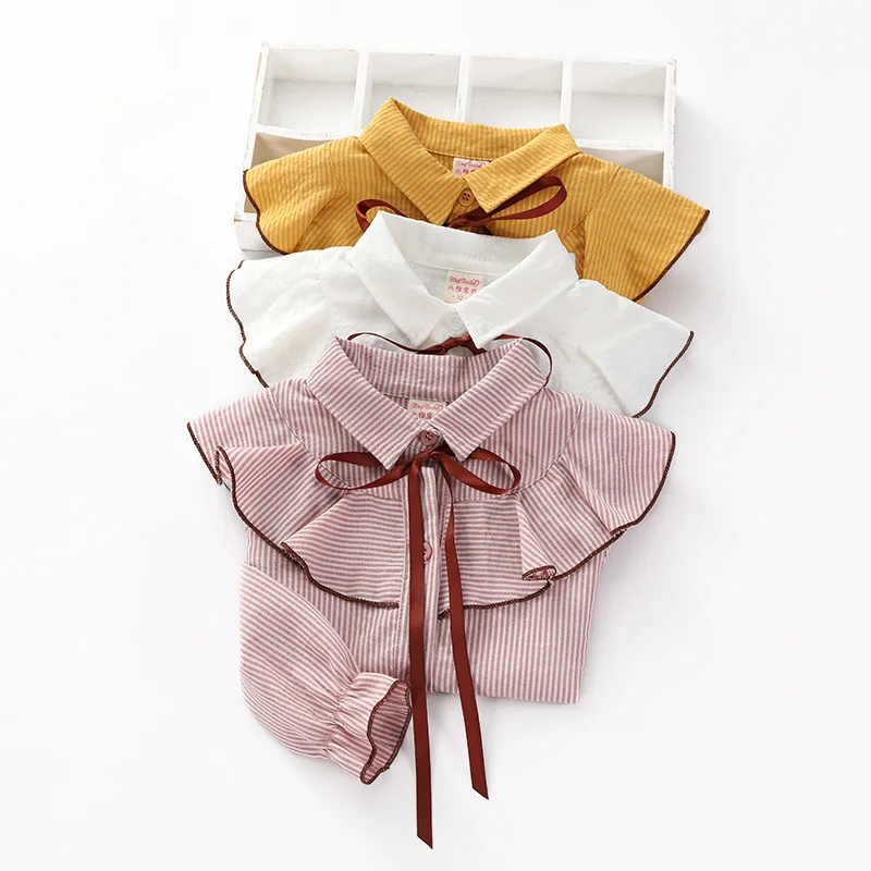 Autumn New Girls Long-sleeved Shirt Lotus Leaf Chiffon Pink Shirt College Wind Ribbon Bow Children's Fashion