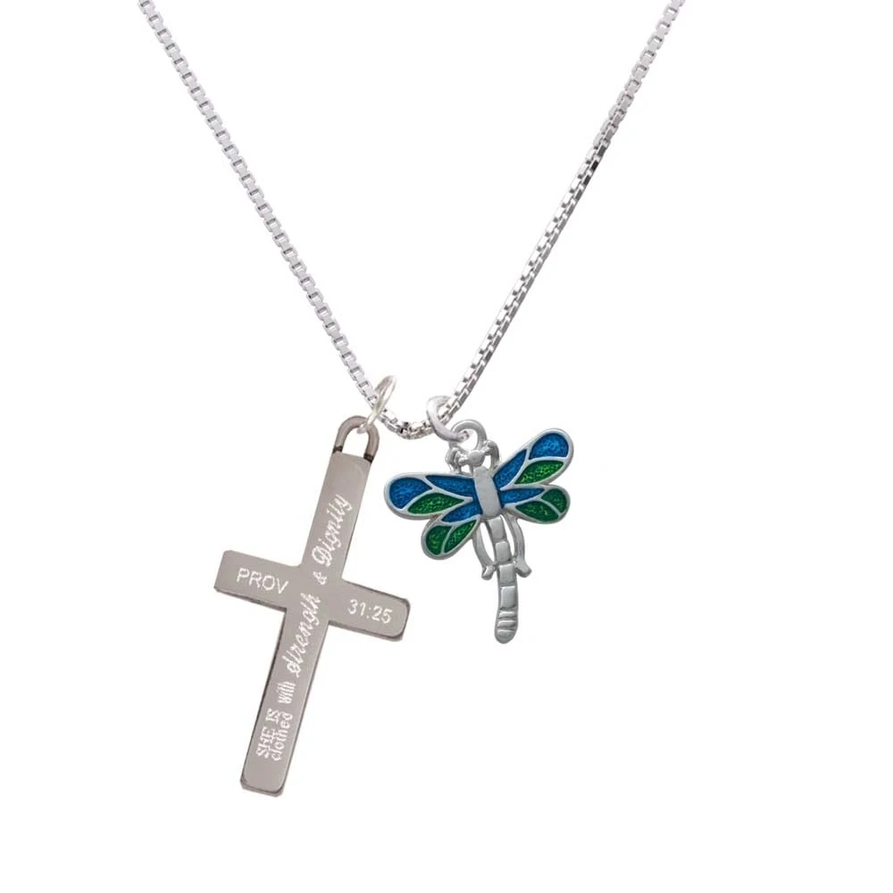 Dragonfly with Green & Blue Wings - Strength and Dignity - Cross Necklace