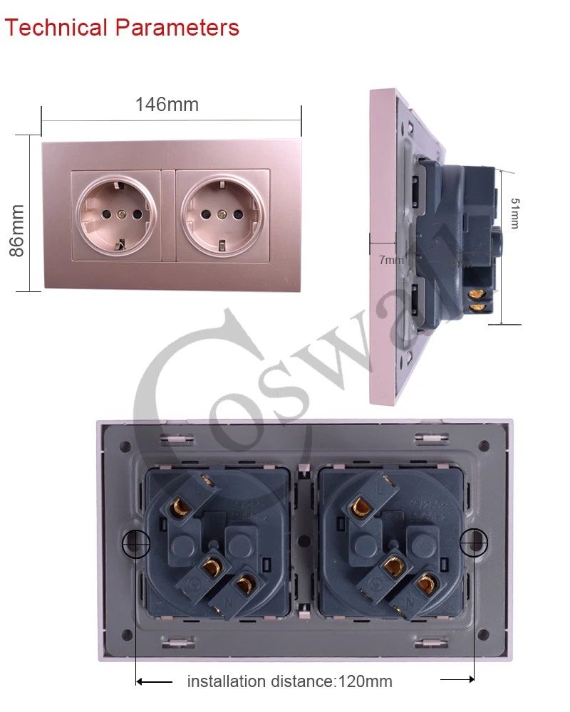 COSWALL Высокое качество стены Мощность Двойной разъем заземлен 16A ЕС стандартный Электрический двойной выход 146 мм* 86 мм