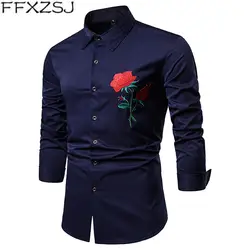 FFXZSJ брендовые Осенние новые мужские рубашки с вышитыми розами отворотами большого размера Повседневная рубашка с длинными рукавами camisa