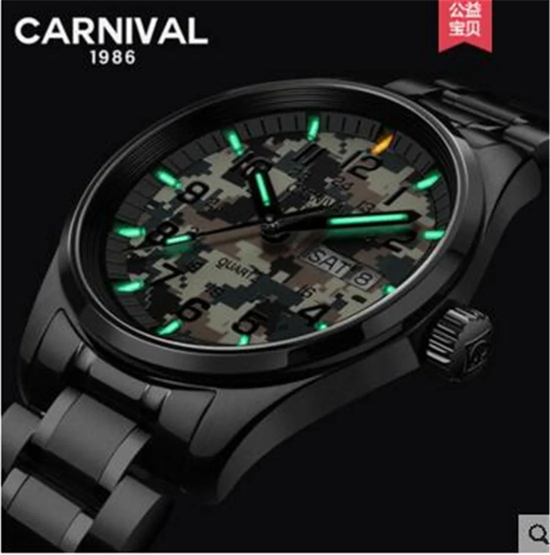 

Carnival Men Tritium Light Watch T25 Date Day Quartz Japan Movement Tritium Gas Luminous Military Watch Luxury Gift Black