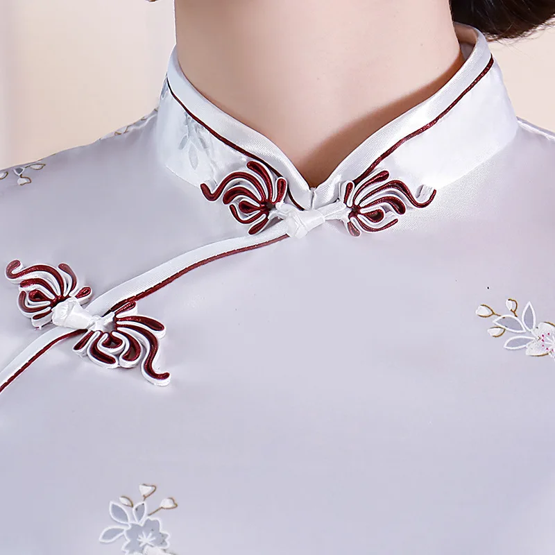 White Print Short Sleeve Mini Dress Chinese Women Silk Rayon Qipao Short Cheongsam Peacock&Flower Size S M L XL XXL 3XL 4XL 5XL