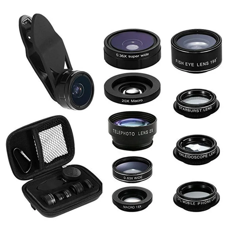 

9 in 1 Mobile Phone Lens Telescope Zoom Fisheye Camera Lens Kaleidoscope Marco Len Clip Holder For iPhone Samsung Huawei EEMIA