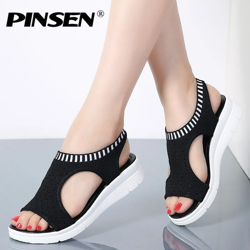 Acheter PINSEN femmes sandales 2019 nouvelles femmes chaussures femme été Wedge confortable sandales dames sans lacet sandales plates femmes Sandalias