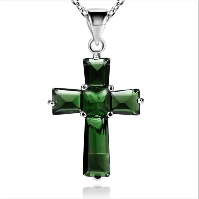 LUKENI, Трендовое мужское 925 пробы Серебряное ожерелье для девочек, ювелирное изделие, модное ожерелье с кристаллами зеленого Креста, Женские аксессуары