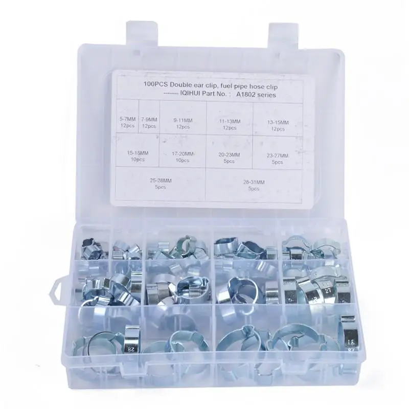 

Kuulee 100PCS/Set 5-31MM 11 Kinds Specification Galvanized Double Ear Fuel Hose Clamp Chlip Fuel Air Kit