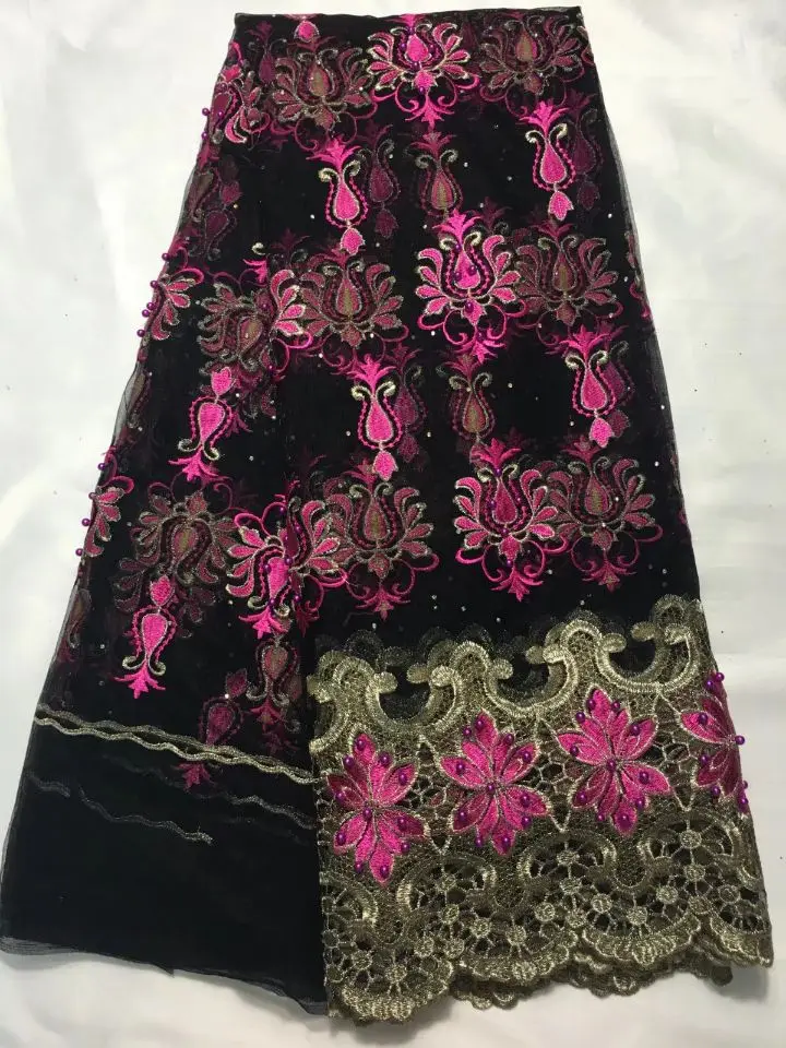 

5Yards/pc New fashion black french net lace fabric with beads and flower fuchsia embroidery african mesh lace for dress QN1-5