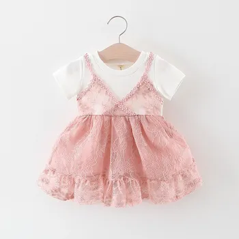 

2019 Kids girls summer dress Infant clothing Baby girls new short sleeve fake two pieces lace cotton Dress 1-3 Years !