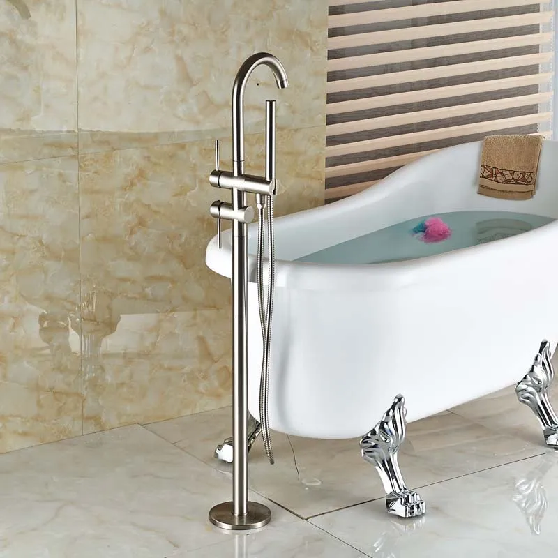 Good Quality Free Standing Bathtub Mixer Taps Floor Mount bathroom tub Filler Brushed Nickel Finish