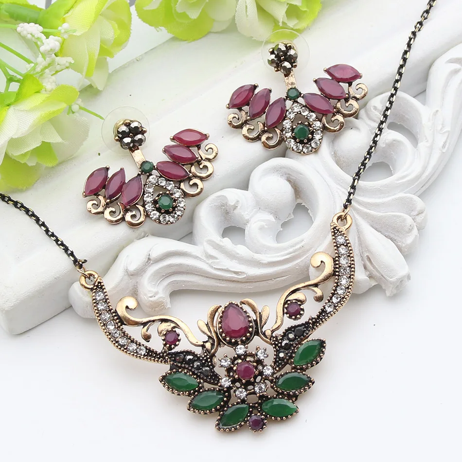

Trendy Vintage Turkish Jewelry Sets Antique Crystal Bowknot Flower Necklace & Earrings Women Ethnic Wedding Party Festival Gift
