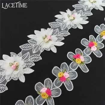 

5 Yards Multi-Color 3D Chiffon Flower Lace Trim Embroidered Rose Applique Trim On Mesh Wedding Lace Sewing Supplies
