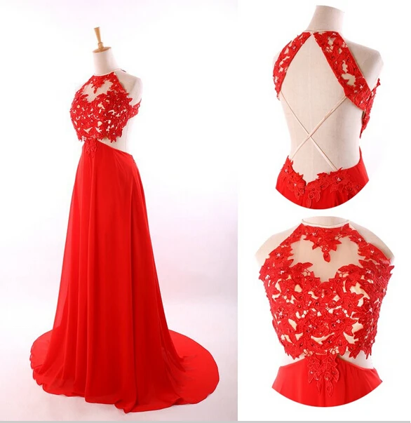 2016 affordable flowy red prom dresses long floor length sheer top,Discount sexxy red formal