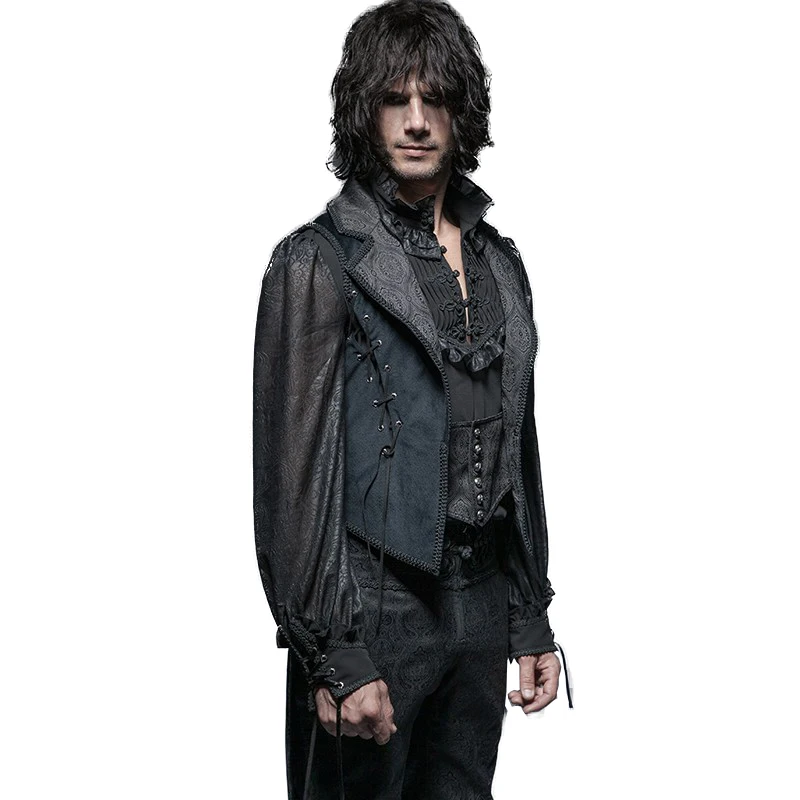 

Gorgeous Gothic Blue Tuxode Coats Steampunk Polyester Men Flannel Long Tail Coat Lace-up Sleeveless Jacquard Outwear
