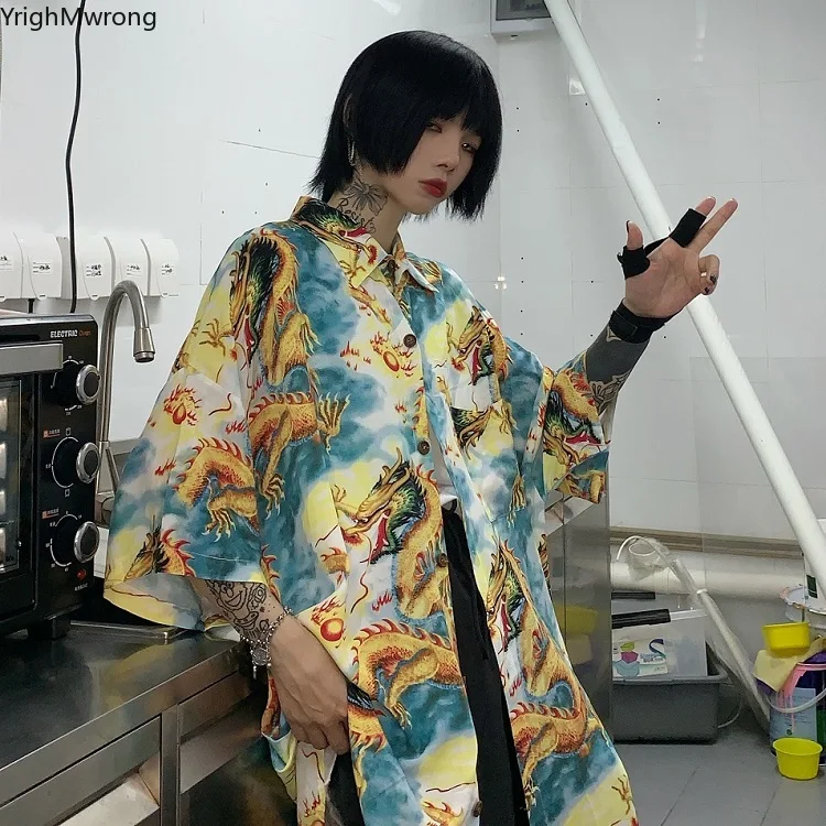 

Plus Size Oversized Loose Hip Hop Vintage Dragon Print Punk Korean Streetwear Harajuku Blouse Shirt Top Summer Outwear Japanese