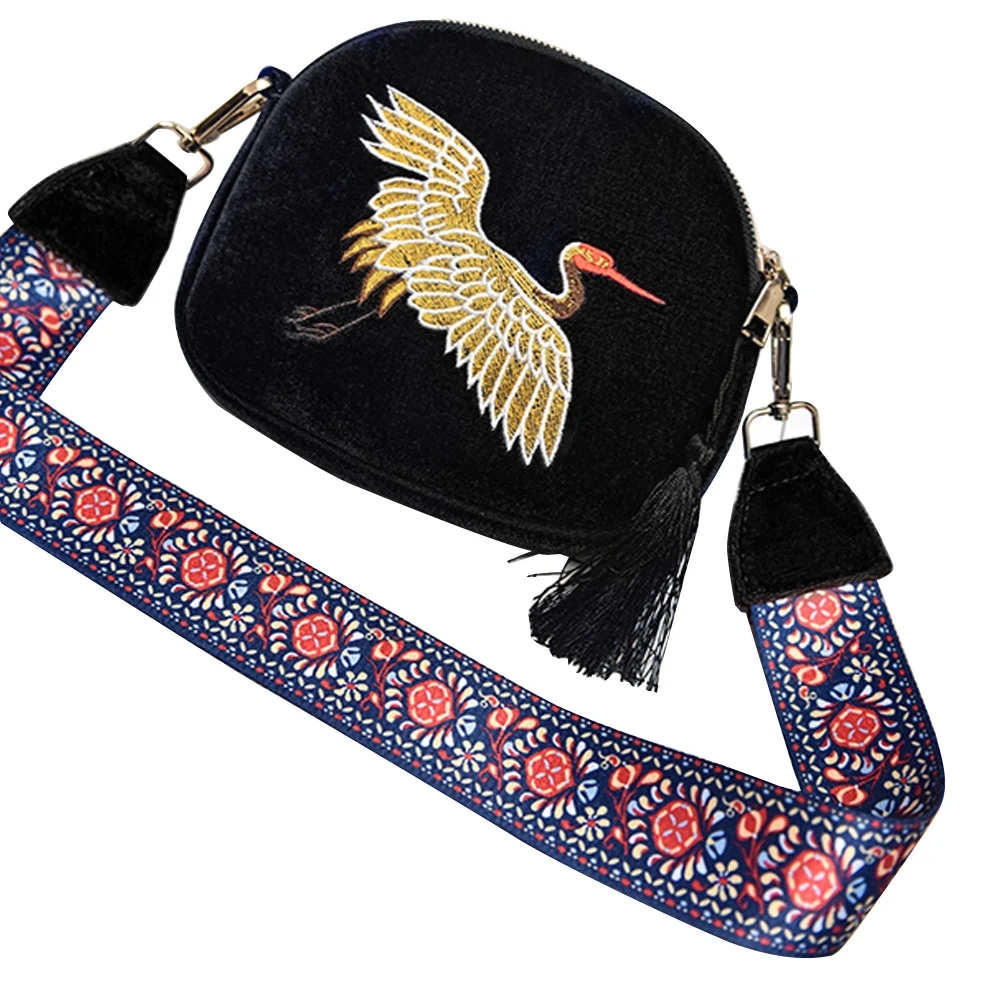 

Women Shoulder Bag With Tassel Casual Crane Pattern Zipper Embroidery Crossbody Retro Outdoor Velvet