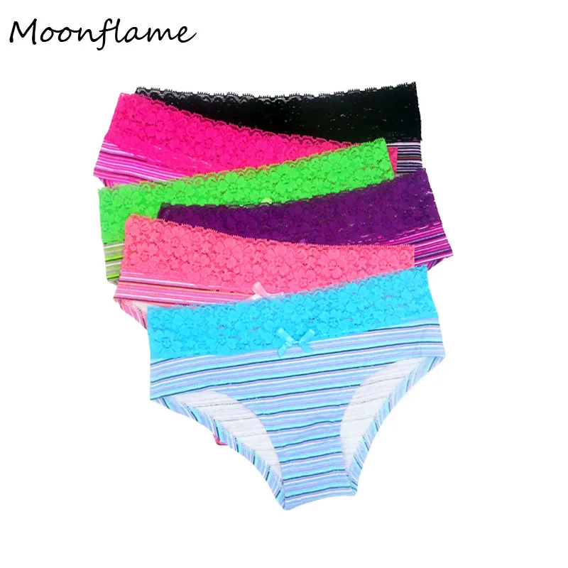 

Moonflame 5 Pcs/lots Hot Sale 2020 Striped 6 Color Sexy Female Underwear Lace Panties M L XL 86796