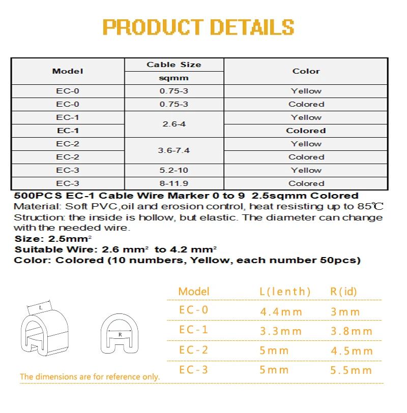 500 шт один желтый рулон для смешанного номера EC-1 Маркер кабельной проводки номер от 0 до 9 для кабеля Размер 2,5 sqmm ПВХ материал