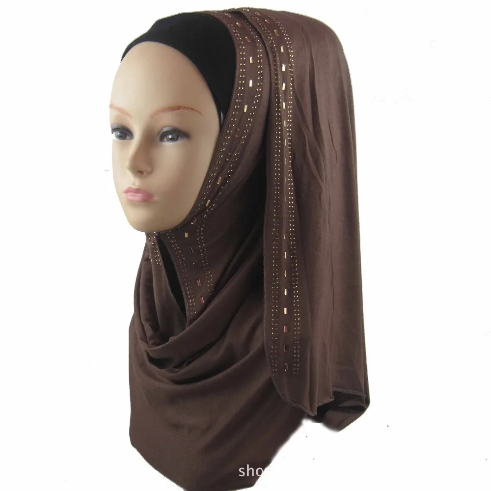 H1260 Soft modal elastic jersey long scarf with gold rhinestones,head scarf wrap,fast delivery