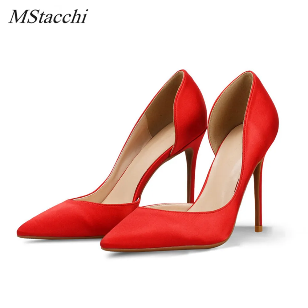 

Mstacchi Spring Autumn Open Side Thin Heels Pumps Shallow Red Color Stiletto Shoes High Quality Silk High Heels Wedding Shoes