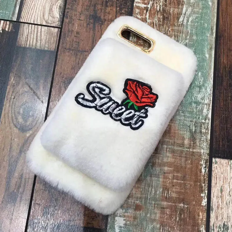 Tfshining Fur Case For iPhone X XR XS Max Lovely Winter Plush Furry Sweet Rose Silicone Phone Case Cover For iphone 6s 7 8 plus (8)