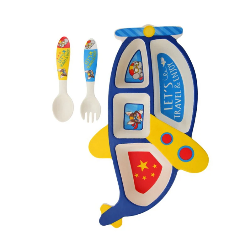 Bamboo Fiber Children's Plate Aircraft Shape Grid Bowl Eating Fork Spoon Set Baby Feeding Tableware Set
