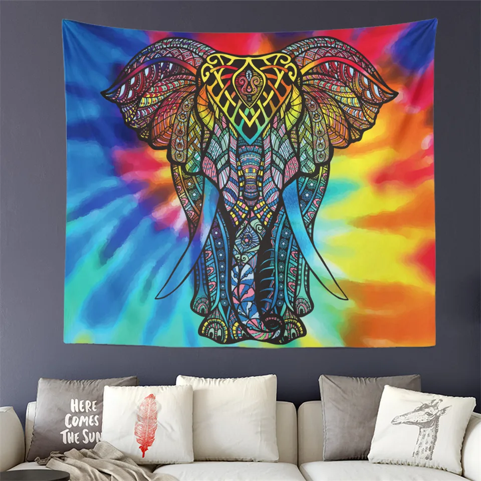 Tie Dyeing Elephant Painted Tapestry Colorful India Wall Hanging Tie Dyeing Elephant Painted Tapestry