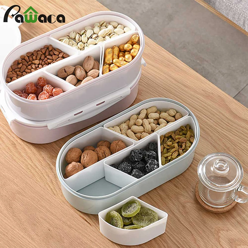 

5 Grid Oval Sealed Clip-type Food Storage Tray Moisture-proof Nut Snack Candy Dried Fruit Organized Storage Tray Box with Cover