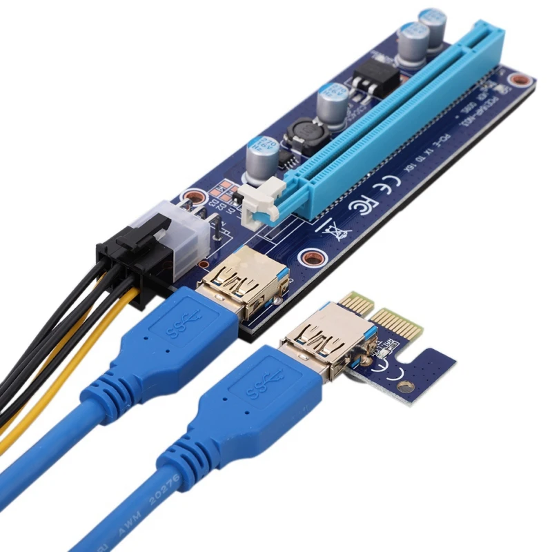 PCI-E Riser 6 Pin 16X for BTC Mining with 3 LED Express Card Sata Power Cable and 60cm Gold USB 3.0 Quality Cable 009S