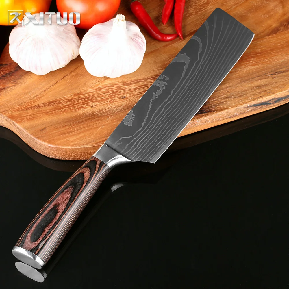 XITUO 7''Japan Santoku нож шеф повара из прочной нержавеющей стали, имитирующий дамасский узор, нож для овощей, удобная ручка