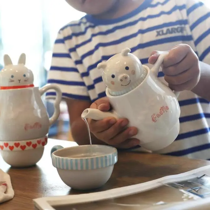 

Breakfast cute cartoon creative pot two cup suit home coffee teapot ceramic white rabbit frog pig pattern kettle N227