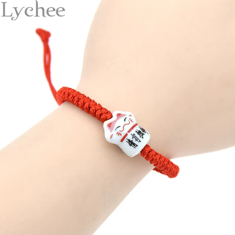 Lychee 1 шт мужчины женщины унисекс китайский стиль керамическая Фортуна кошка кулон Лаки красная веревочная цепь браслет случайный цвет