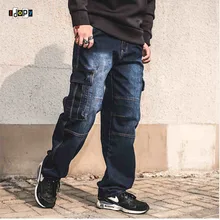 Idopy Модные мужские байкерские джинсы сверхпрочные с несколькими карманами японский стиль свободный крой размера плюс карго джинсовые штаны для хипстера