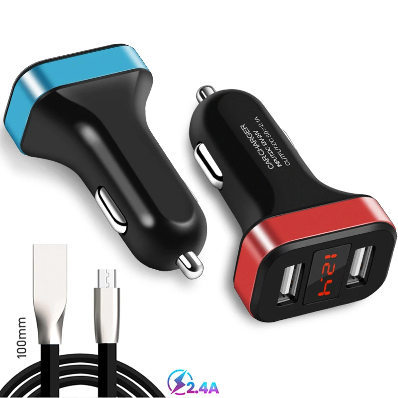 

Dual USB Car Charger with LED Display for Samsung S9 Xiaomi mi 8 Huawei Charging USB Cable with Car Lighter Charger 2.1A Adapter